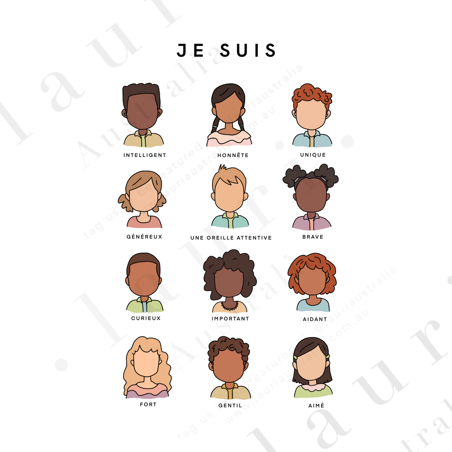 French Je suis - "I am" Affirmations Poster - Lauri Australia- DIGITAL DOWNLOAD Printable - Diverse Faces