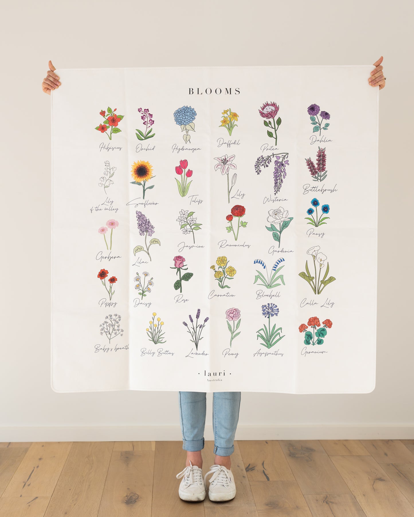 Double sided, wipeable, premium faux vegan leather play mat with flower design for toddler, baby girl bedroom made by Lauri Australia with free shipping. white play mat or high chair mess mat with blooms flower, fleur print for baby nursery, perfect gift for baby shower or first birthday. nursery decoration