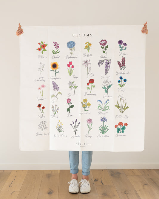 Double sided, wipeable, premium faux vegan leather play mat with flower design for toddler, baby girl bedroom made by Lauri Australia with free shipping. white play mat or high chair mess mat with blooms flower, fleur print for baby nursery, perfect gift for baby shower or first birthday. nursery decoration