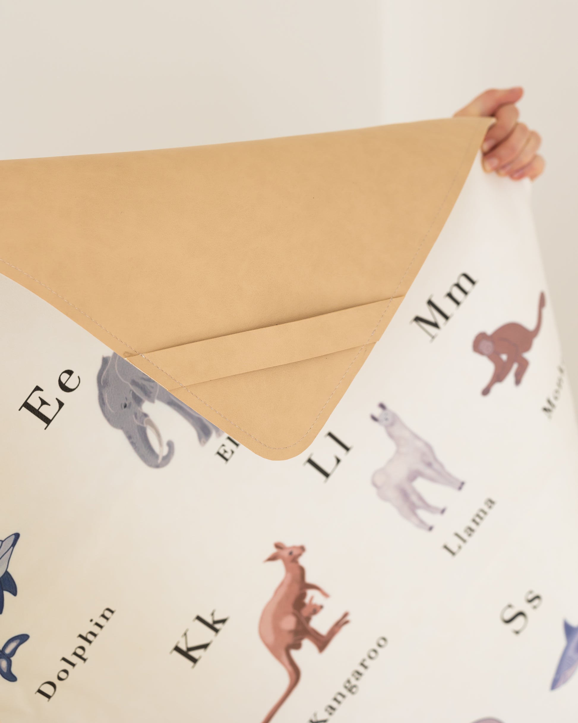 double sided vegan leather play mat for toddler made by Lauri Australia with free shipping -white with animal alphabet print for baby nursery, perfect gift for baby shower or first birthday large