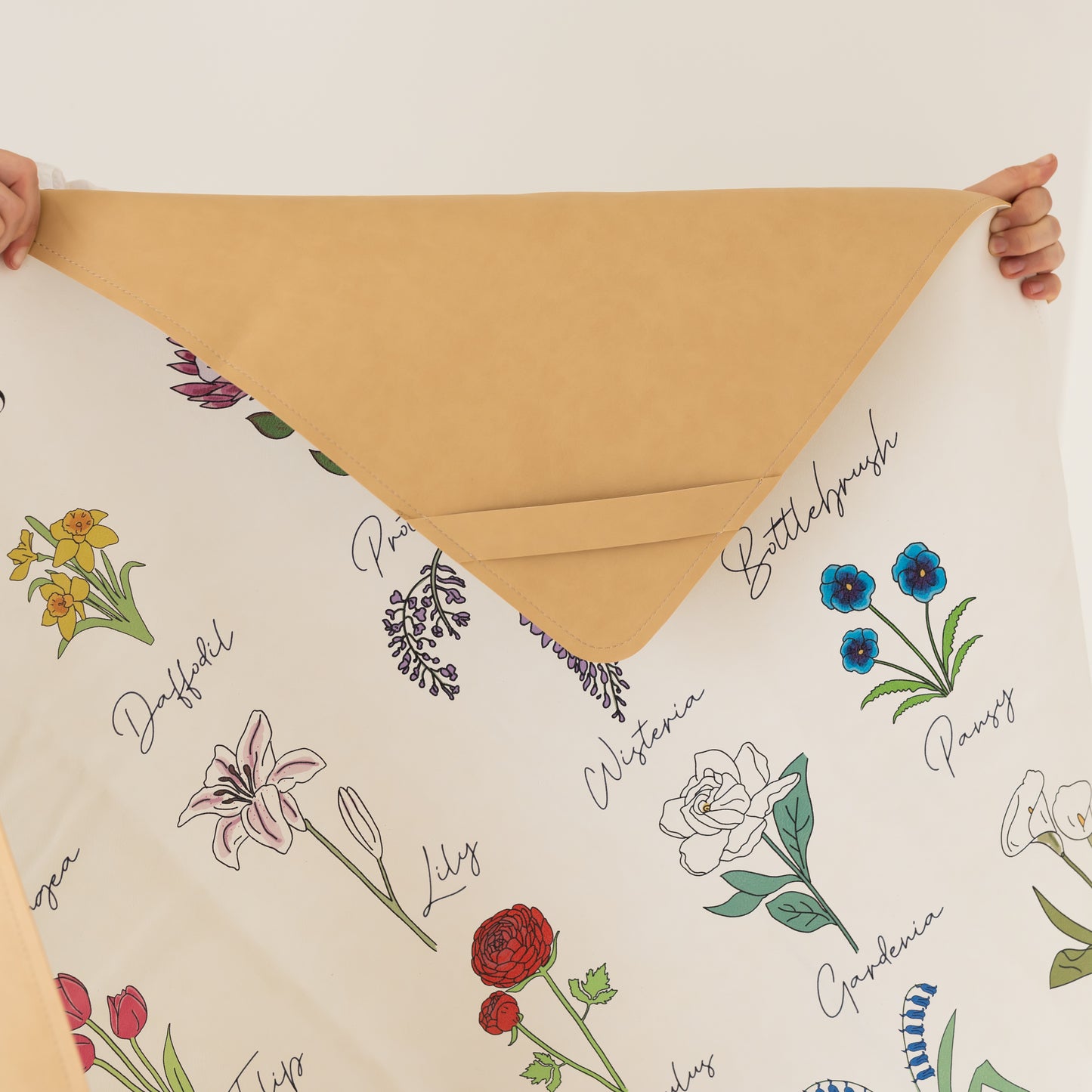 Double sided, wipeable, premium faux vegan leather play mat with flower design for toddler, baby girl bedroom made by Lauri Australia with free shipping. white play mat or high chair mess mat with blooms flower, fleur print for baby nursery, perfect gift for baby shower or first birthday. nursery decoration
