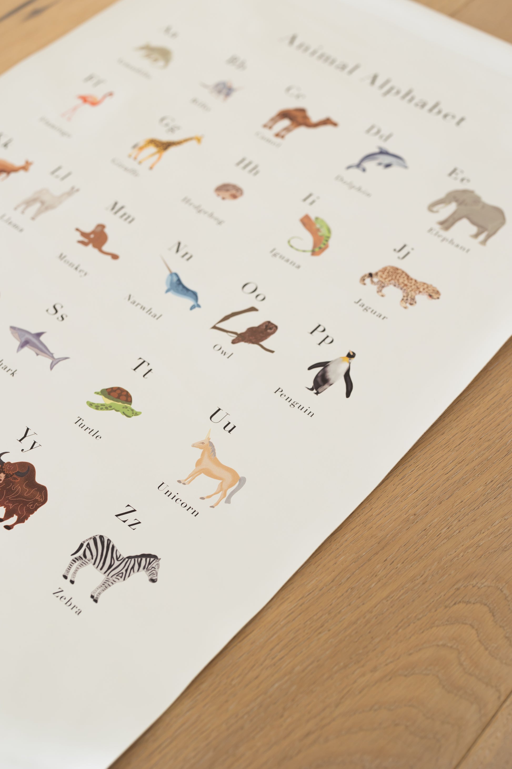 vegan leather poster for toddler bedroom made by Lauri Australia with free shipping -white with animal alphabet print poster for baby nursery, perfect gift for baby shower or first birthday poster for nursery decoration