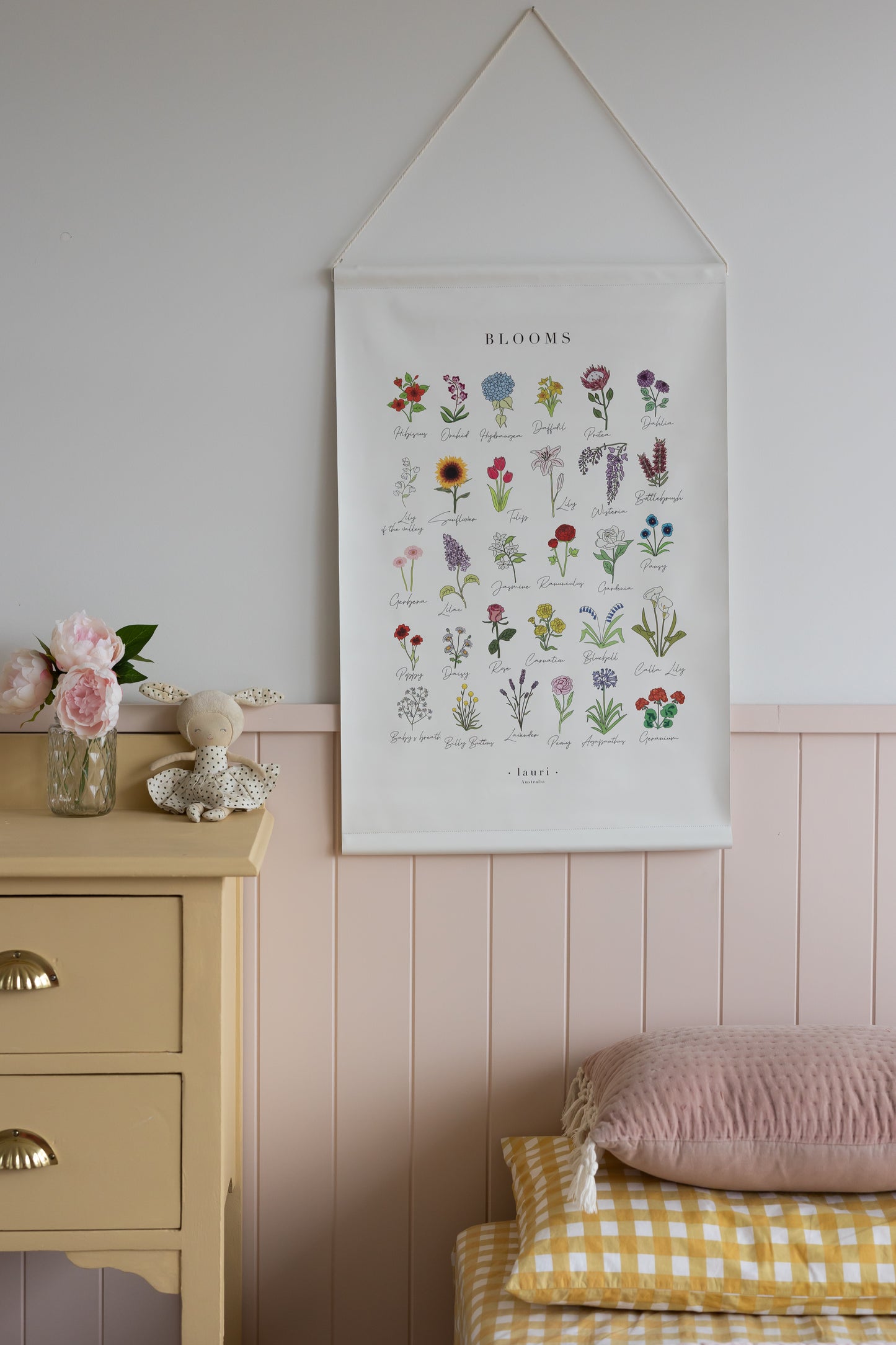 vegan leather flower poster for toddler bedroom made by Lauri Australia with free shipping -white with blooms flower, fleur print poster for baby nursery, perfect gift for baby shower or first birthday poster for nursery decoration