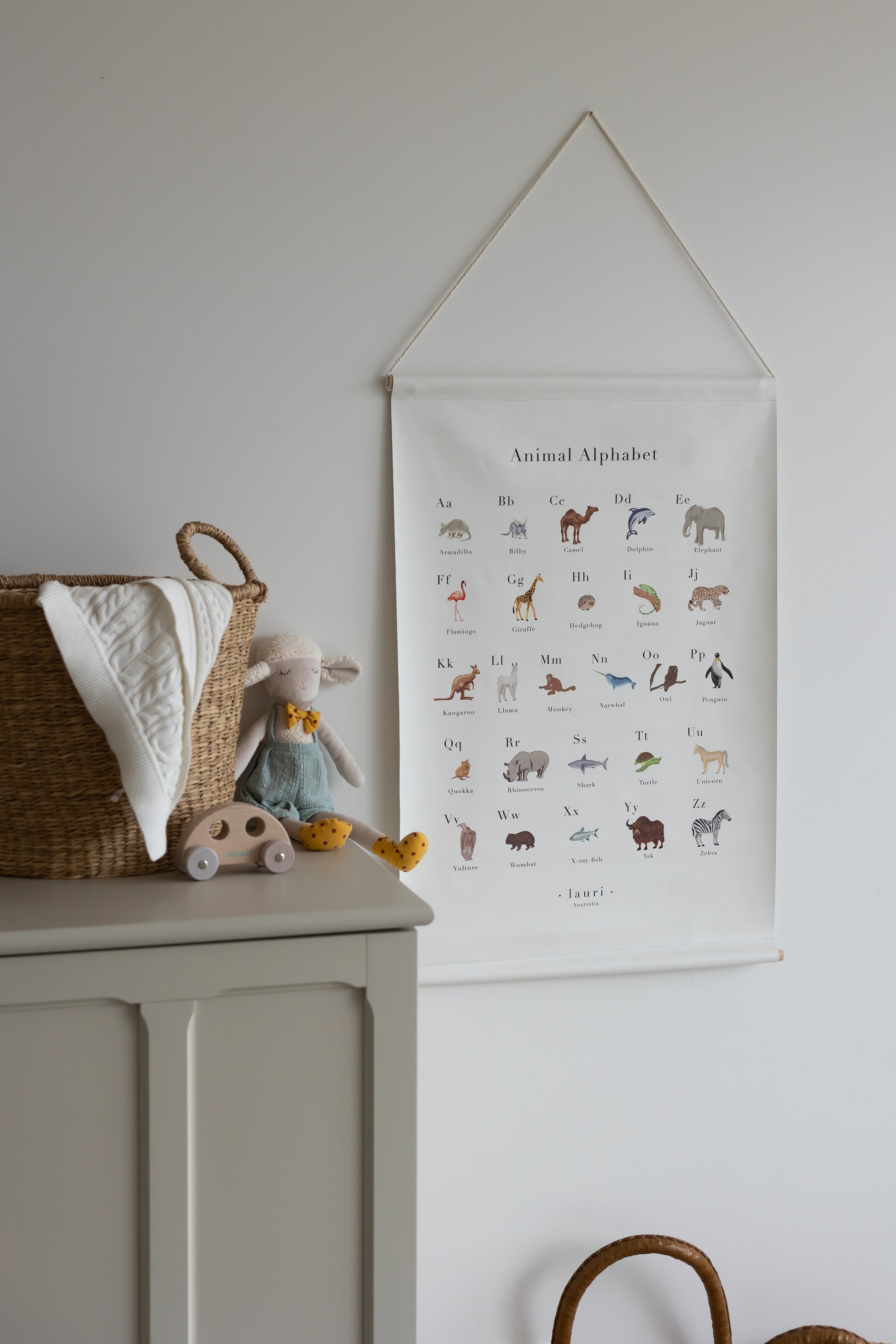 vegan leather poster for toddler bedroom made by Lauri Australia with free shipping -white with animal alphabet print poster for baby nursery, perfect gift for baby shower or first birthday poster for nursery decoration