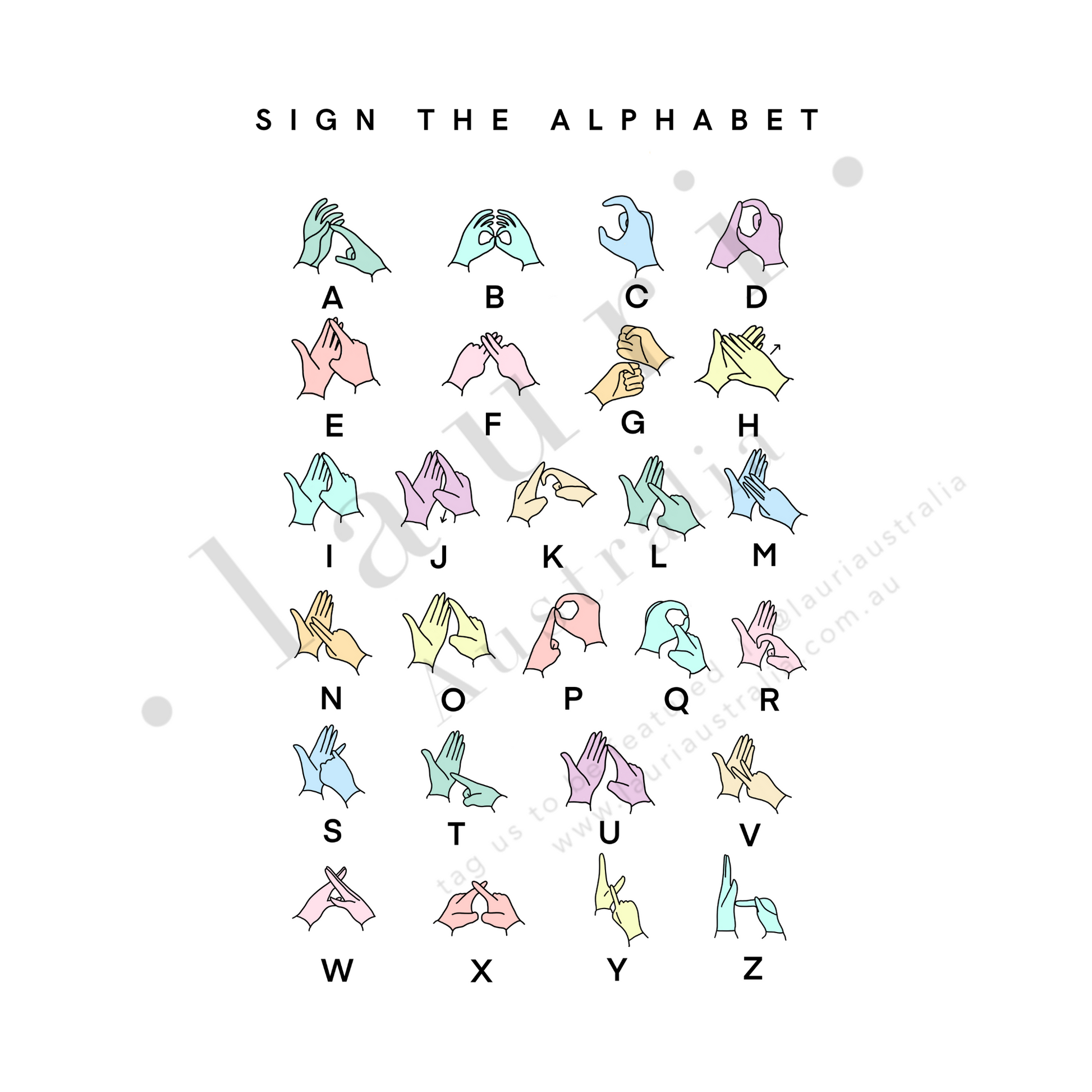 This is a digital download of a poster that displays Auslan sign language alphabet letters for deaf children to learn fingerspelling. Also suitable as british sign language poster. Our digital downloads posters and wall art are perfect for children's bedrooms, baby's nursery, playrooms and classrooms. At Lauri Australia we offer a huge range of poster and wall art designs, featuring both boho muted tones and bright colours.