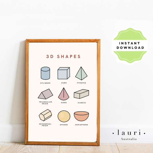 This is a digital download of a poster that displays the 3D Shapes  in lovely muted, boho, rainbow colour palette. This digital download print is Perfect for home education or as classroom décor. This print is the perfect wall art print to decorate your child's bedroom, nursery or homeschool classroom.
