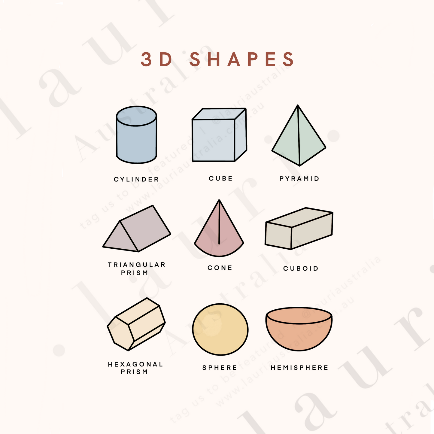 This is a digital download of a poster that displays the 3D Shapes in lovely muted, boho, rainbow colour palette. This digital download print is Perfect for home education or as classroom décor. This print is the perfect wall art print to decorate your child's bedroom, nursery or homeschool classroom.