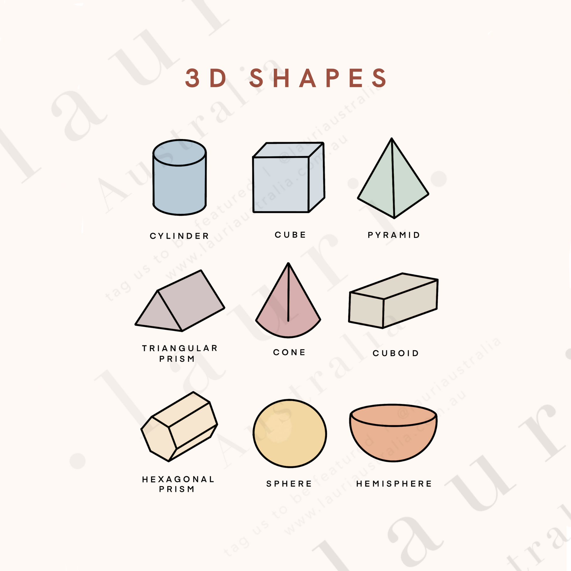 This is a digital download of a poster that displays the 3D Shapes  in lovely muted, boho, rainbow colour palette. This digital download print is Perfect for home education or as classroom décor. This print is the perfect wall art print to decorate your child's bedroom, nursery or homeschool classroom.