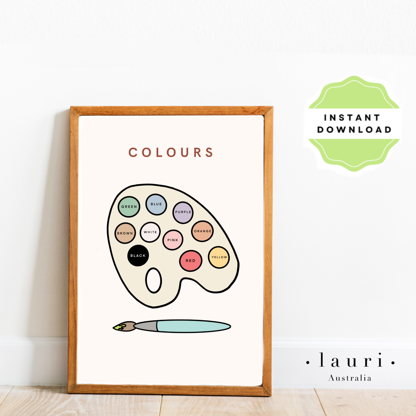 This is a digital download of a poster that displays the features 9 colours in lovely muted, boho, rainbow colour palette. This digital download print includes shapes of a triangle, circle and square and more! Perfect for home education or as classroom décor. This print is the perfect wall art print to decorate your child's bedroom, nursery or homeschool classroom.