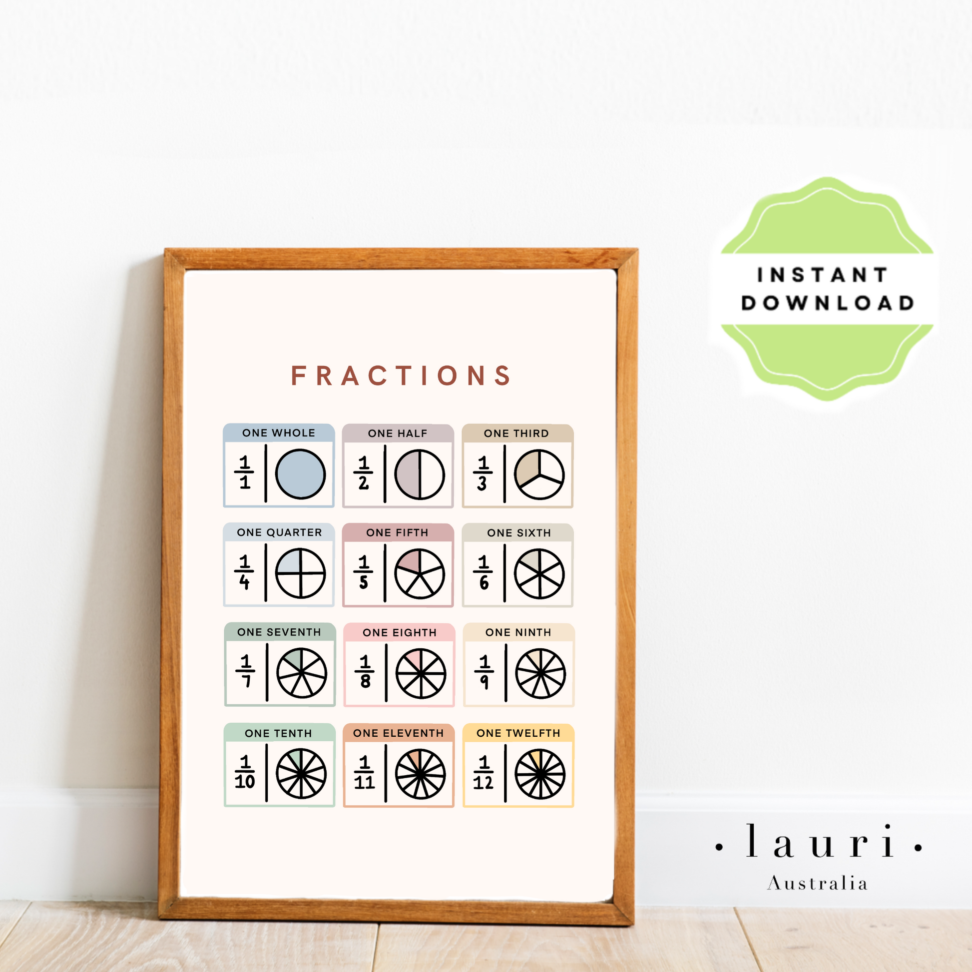 This is a digital download of a poster that displays the fractions  in lovely muted, boho, rainbow colour palette. This digital download print includes shapes of a triangle, circle and square and more! Perfect for home education or as classroom décor. This print is the perfect wall art print to decorate your child's bedroom, nursery or homeschool classroom.