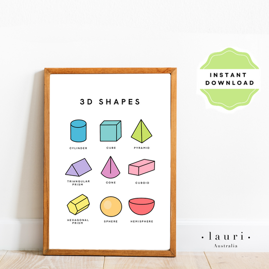This is a digital download of a poster that displays the 3D Shapes  in lovely bright colourful rainbow colour palette. This digital download print is Perfect for home education or as classroom décor. This print is the perfect wall art print to decorate your child's bedroom, nursery or homeschool classroom.