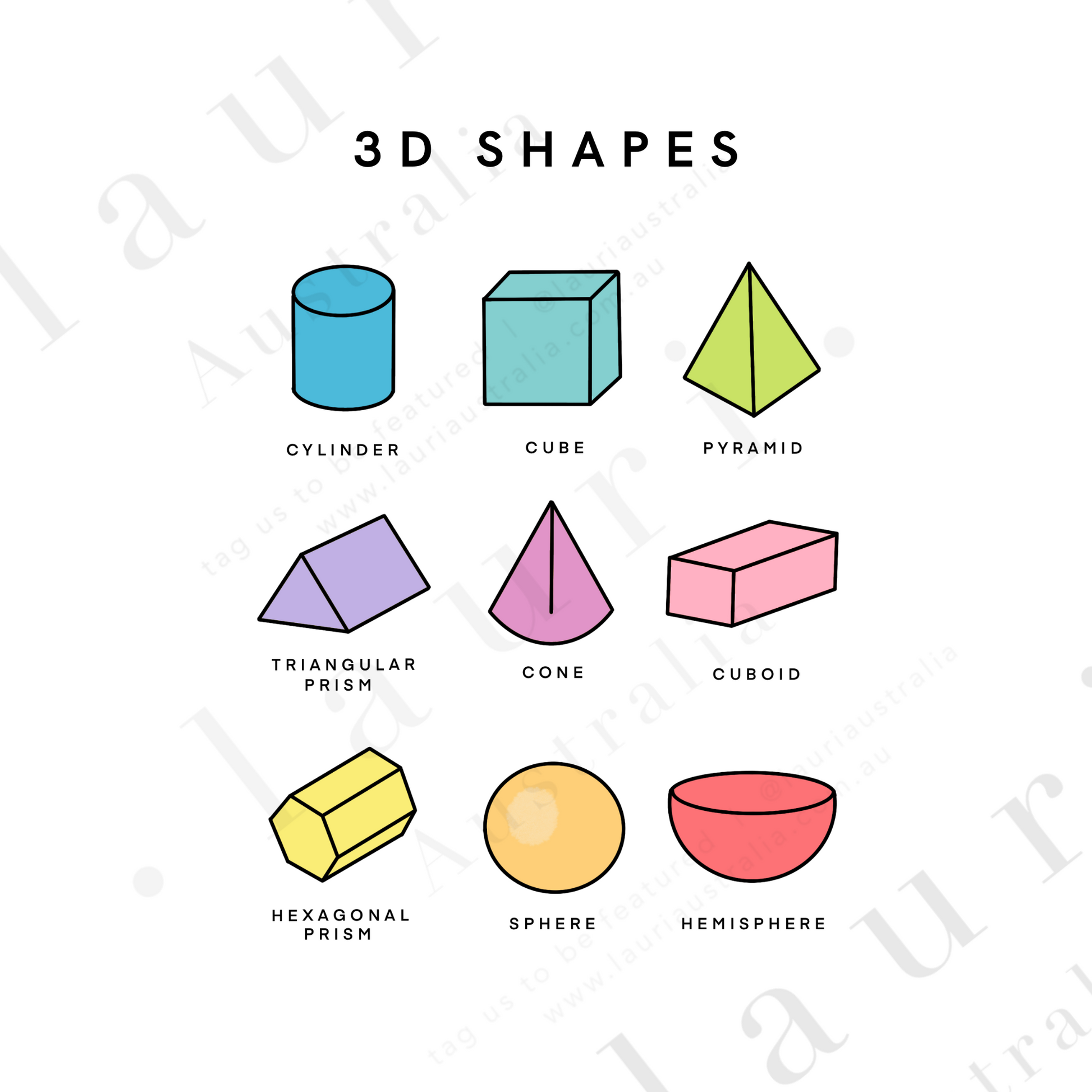 This is a digital download of a poster that displays the 3D Shapes  in lovely bright colourful rainbow colour palette. This digital download print is Perfect for home education or as classroom décor. This print is the perfect wall art print to decorate your child's bedroom, nursery or homeschool classroom.