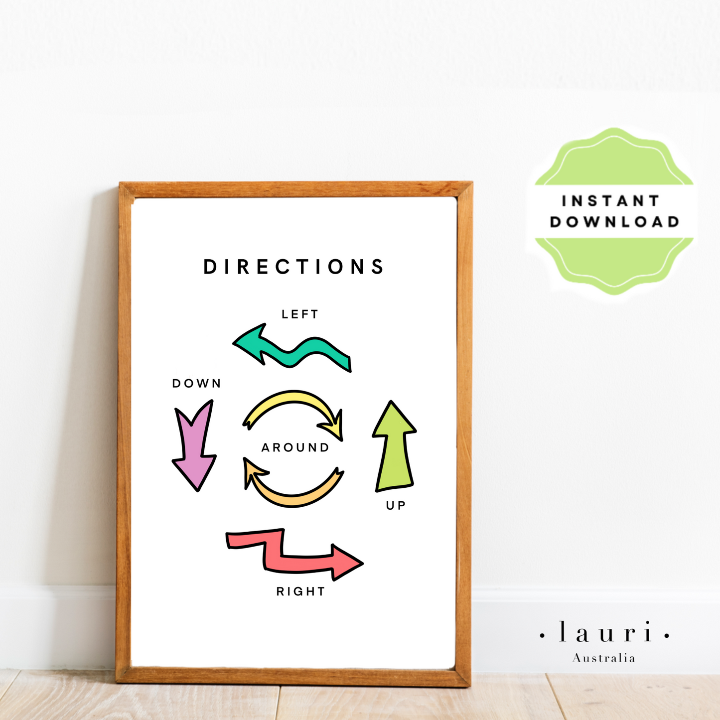 This is a digital download of a poster that displays the directions  in lovely bright colourful  rainbow colour palette. This digital download print includes shapes of a triangle, circle and square and more! Perfect for home education or as classroom décor. This print is the perfect wall art print to decorate your child's bedroom, nursery or homeschool classroom.