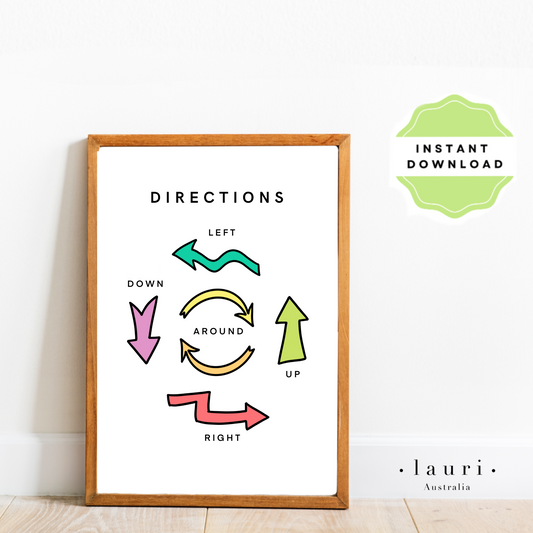 This is a digital download of a poster that displays the directions  in lovely bright colourful  rainbow colour palette. This digital download print includes shapes of a triangle, circle and square and more! Perfect for home education or as classroom décor. This print is the perfect wall art print to decorate your child's bedroom, nursery or homeschool classroom.