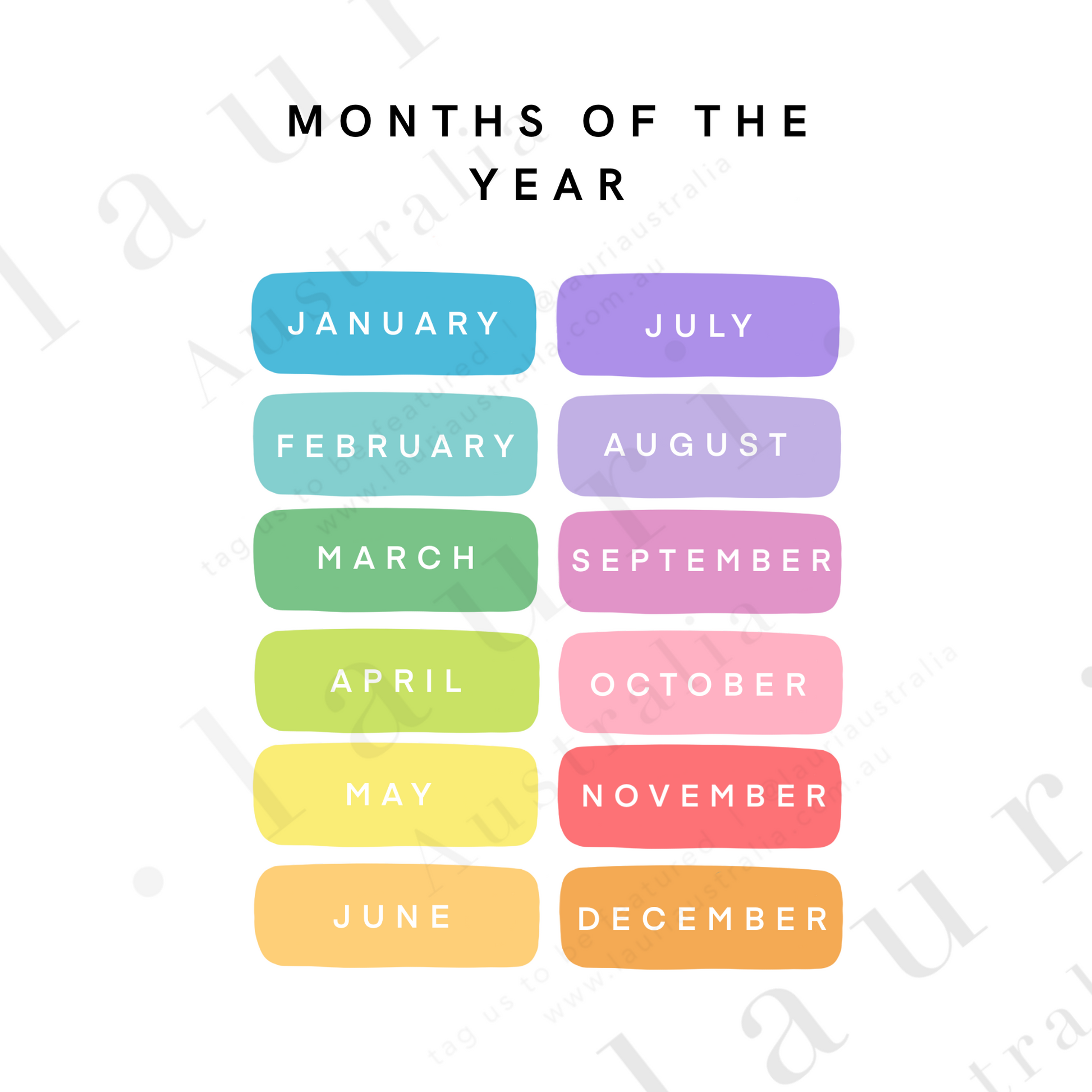 This is a digital download poster of a bright rainbow months of the year chart which is perfect for Montessori inspired homeschool classrooms, playrooms and childrens toddler nurseries or bedrooms too. At Lauri Australia we offer a huge range of educational posters and wall art designs, featuring both boho muted tones and bright rainbow colours. We offer shapes posters, alphabet prints, animal alphabet vegan leather posters, positive affirmations for