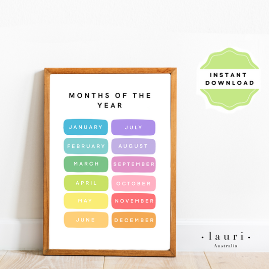 This is a digital download poster of a bright rainbow months of the year chart which is perfect for Montessori inspired homeschool classrooms, playrooms and childrens toddler nurseries or bedrooms too. At Lauri Australia we offer a huge range of educational posters and wall art designs, featuring both boho muted tones and bright rainbow colours. We offer shapes posters, alphabet prints, animal alphabet vegan leather posters, positive affirmations for