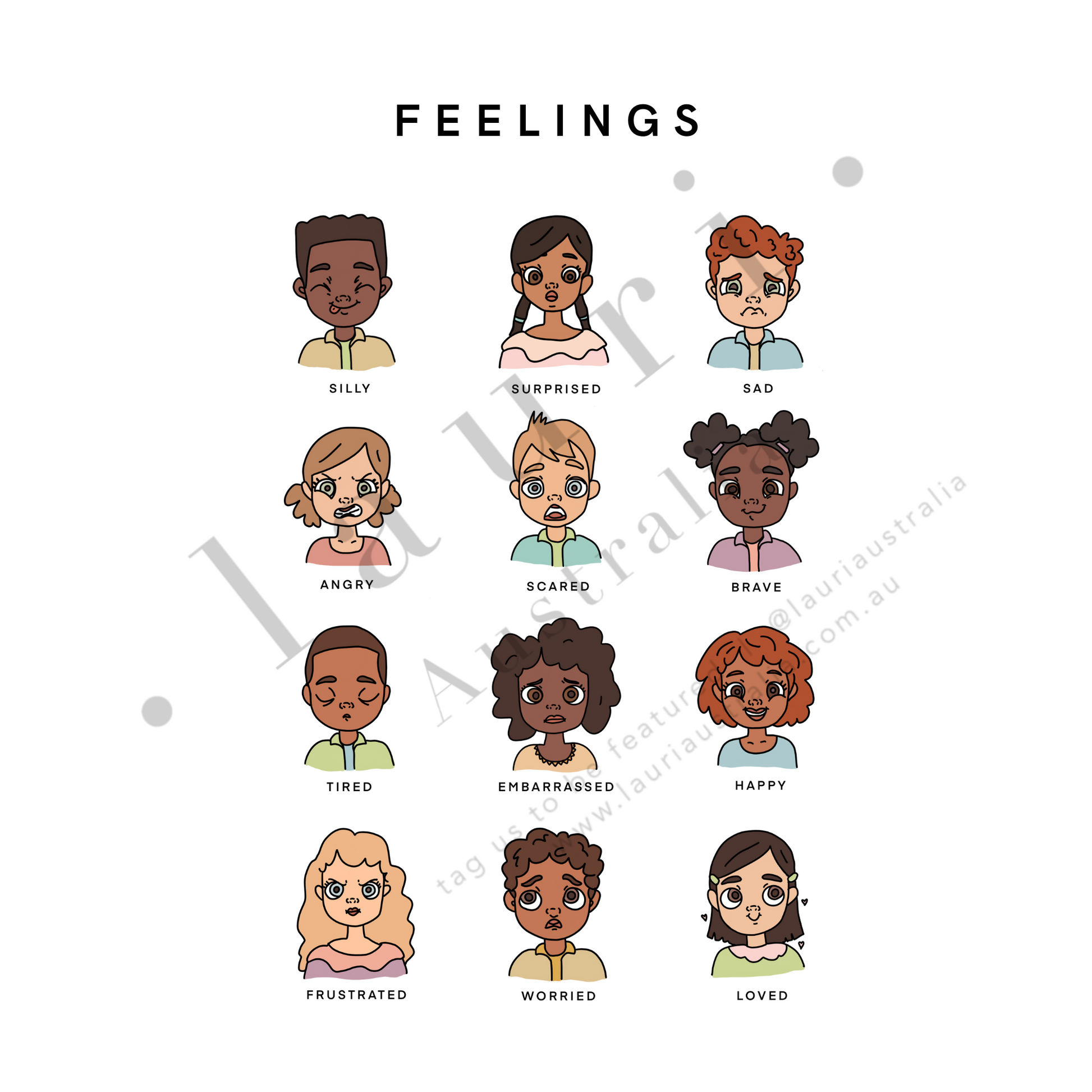 This is a digital download poster of a feelings emotions chart which is perfect for Montessori inspired homeschool classrooms, playrooms and childrens toddler nurseries or bedrooms too. At Lauri Australia we offer a huge range of educational posters and wall art designs, featuring both boho muted tones and bright rainbow colours. We offer shapes posters, alphabet prints, animal alphabet vegan leather posters, positive affirmations for kids