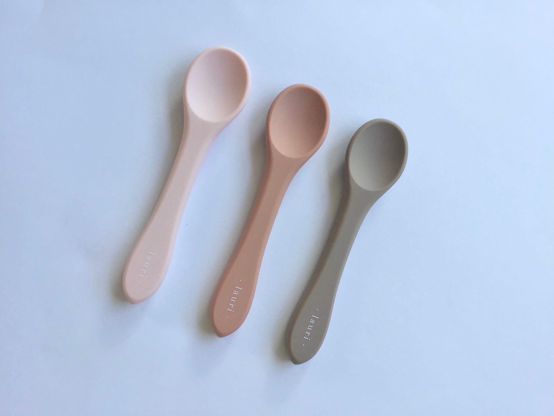 Soft silicone baby spoon, taupe, terracotta, blush pink, soft natural colours, BPA free, Lauri Australia
