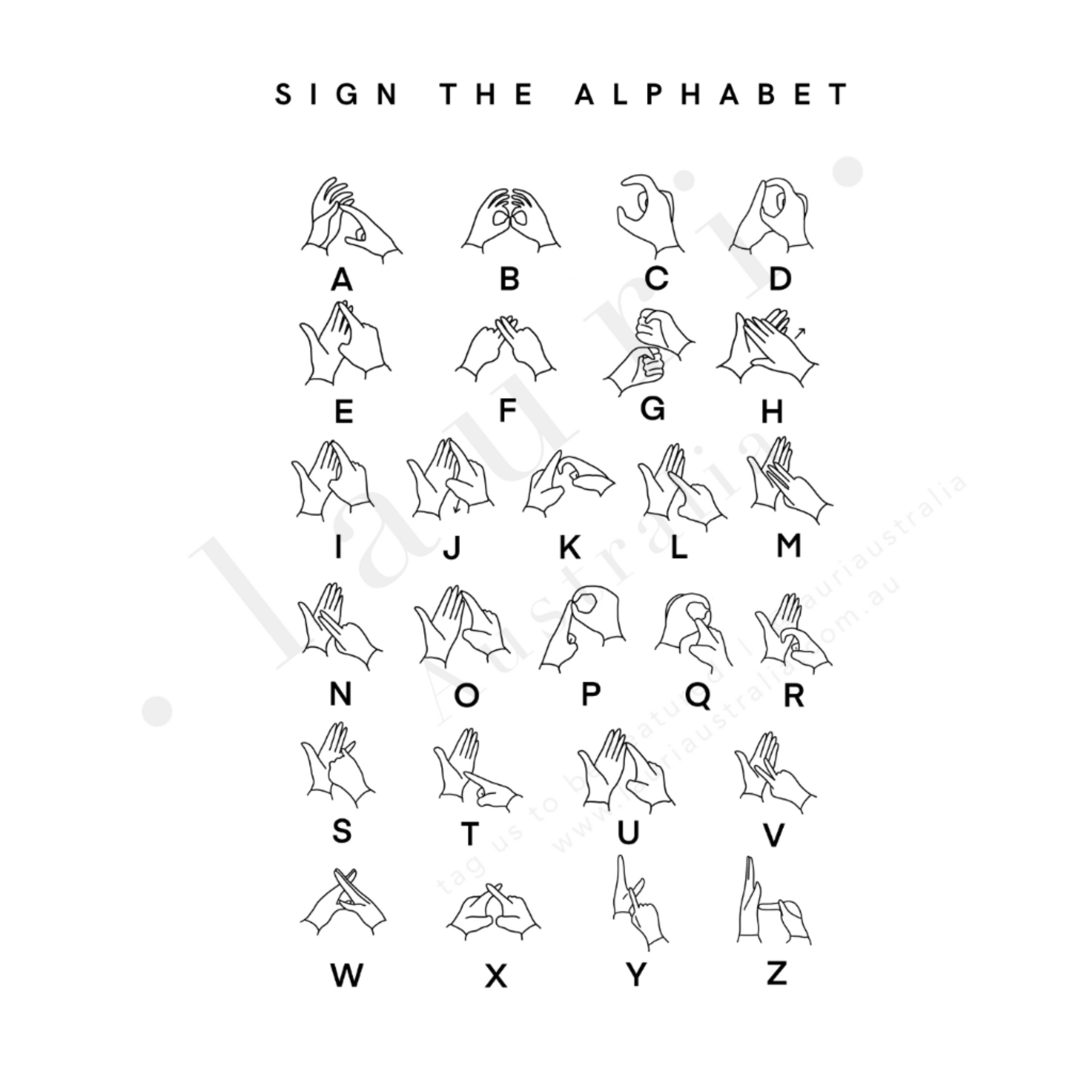 This is a digital download of a poster that displays Auslan sign language alphabet letters for deaf children to learn fingerspelling. Also suitable as british sign language poster. Our digital downloads posters and wall art are perfect for children's bedrooms, baby's nursery, playrooms and classrooms. At Lauri Australia we offer a huge range of poster and wall art designs, featuring both boho muted tones and bright colours.