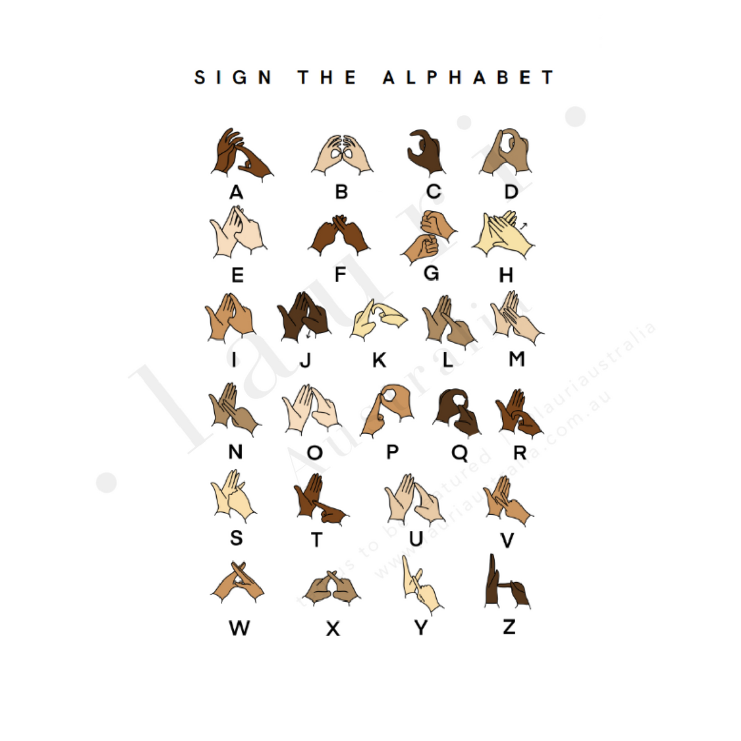 This is a digital download of a poster that displays Auslan sign language alphabet letters for deaf children to learn fingerspelling. Also suitable as british sign language poster. Our digital downloads posters and wall art are perfect for children's bedrooms, baby's nursery, playrooms and classrooms. At Lauri Australia we offer a huge range of poster and wall art designs, featuring both boho muted tones and bright colours.