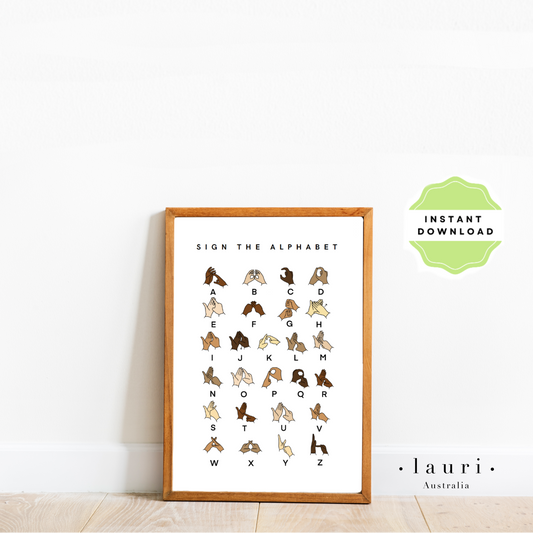 This is a digital download of a poster that displays Auslan sign language alphabet letters for deaf children to learn fingerspelling. Also suitable as british sign language poster. Our digital downloads posters and wall art are perfect for children's bedrooms, baby's nursery, playrooms and classrooms. At Lauri Australia we offer a huge range of poster and wall art designs, featuring both boho muted tones and bright colours.