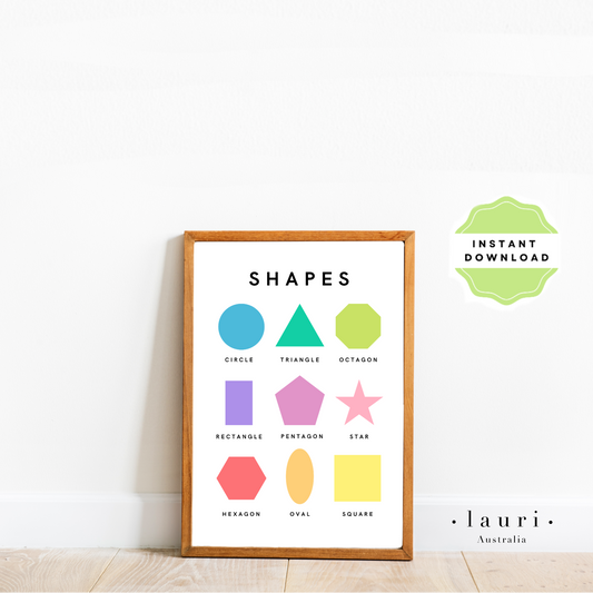 This is a digital download of a poster that displays the features 9 simple shapes designs in lovely bright, rainbow colour palette. This digital download print includes shapes of a triangle, circle and square and more! Perfect for home education or as classroom décor. This print is the perfect wall art print to decorate your child's bedroom, nursery or homeschool classroom.