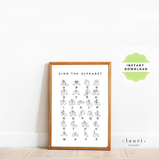 This is a digital download of a poster that displays Auslan sign language alphabet letters for deaf children to learn fingerspelling. Also suitable as british sign language poster. Our digital downloads posters and wall art are perfect for children's bedrooms, baby's nursery, playrooms and classrooms. At Lauri Australia we offer a huge range of poster and wall art designs, featuring both boho muted tones and bright colours.