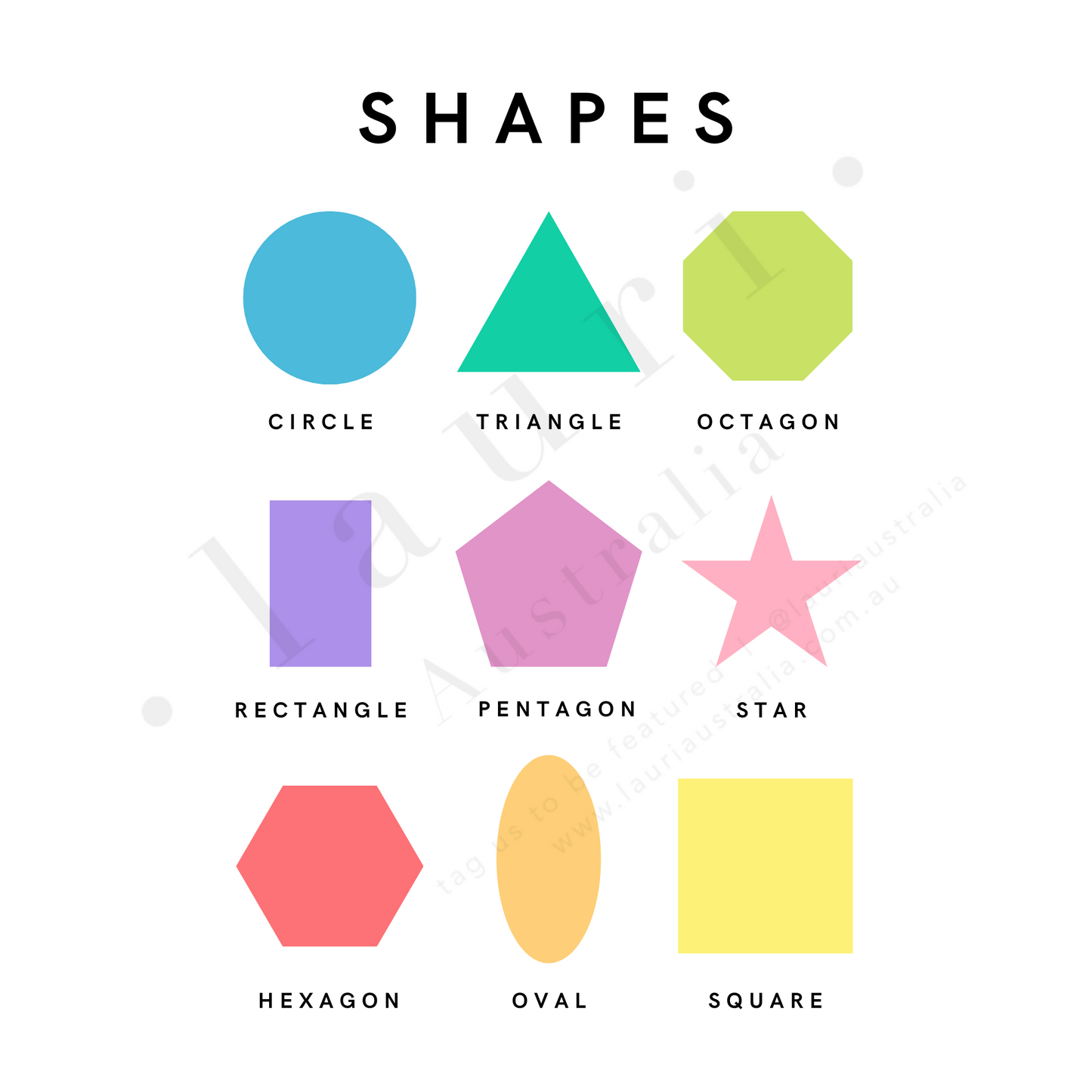 This is a digital download of a poster that displays the features 9 simple shapes designs in lovely bright, rainbow colour palette. This digital download print includes shapes of a triangle, circle and square and more! Perfect for home education or as classroom décor. This print is the perfect wall art print to decorate your child's bedroom, nursery or homeschool classroom.