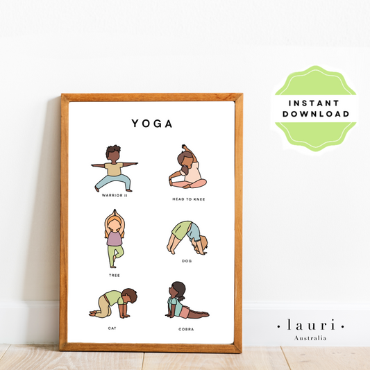 This Yoga Poster is perfect for classroom decor, playroom art, homeschool and Montessori decor. It's a great addition to your child's room, hallway or playroom. This poster includes 6 simple, easy to learn yoga poses with inclusive illustrations of a diverse range of children to demonstrate the poses as a visual cue. Great addition to a calming corner or calm down corner for children to learn  relaxation techniques to help calm down to express how they are feeling.