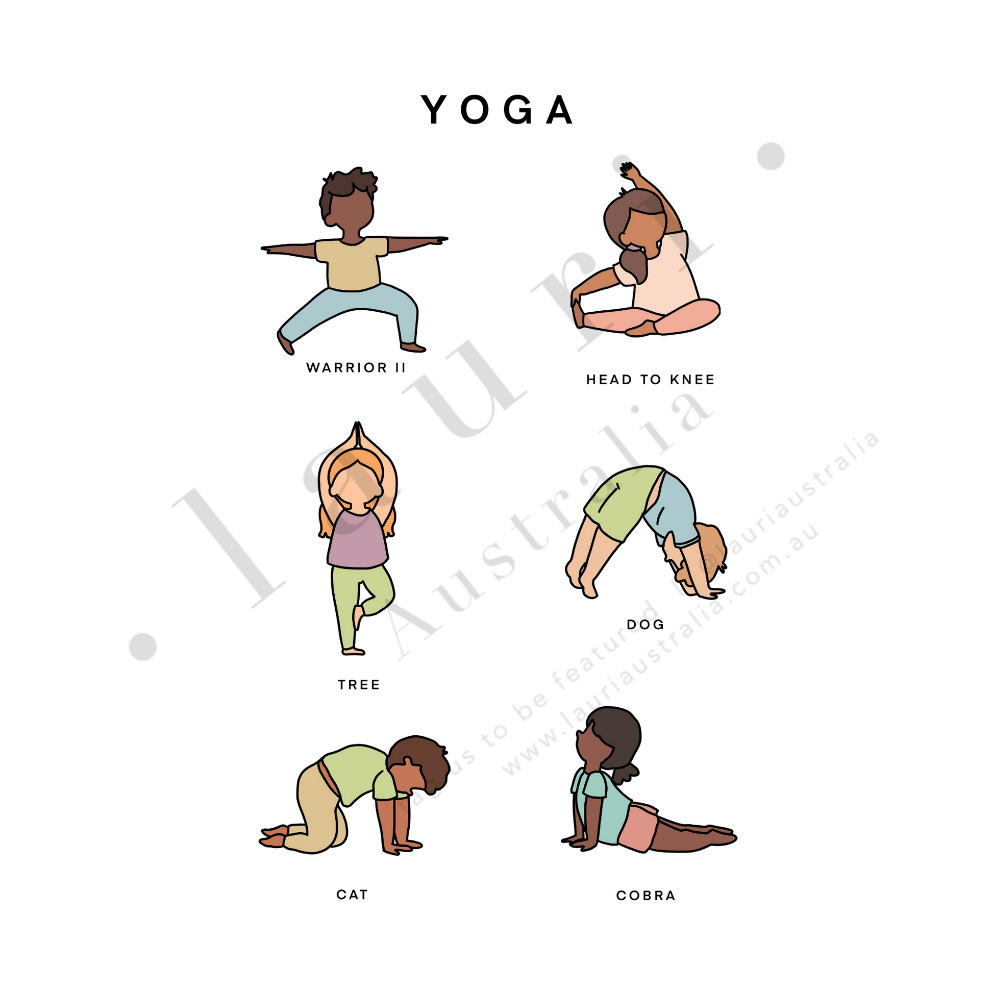 This Yoga Poster is perfect for classroom decor, playroom art, homeschool and Montessori decor. It's a great addition to your child's room, hallway or playroom. This poster includes 6 simple, easy to learn yoga poses with inclusive illustrations of a diverse range of children to demonstrate the poses as a visual cue. Great addition to a calming corner or calm down corner for children to learn  relaxation techniques to help calm down to express how they are feeling.