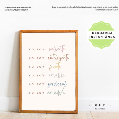 Spanish Positive Affirmations for Kids - Cartel de afirmaciones positivas para niños - DESCARGA DIGITAL Imprimible - Boho Muted Colors