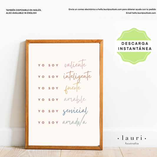 Spanish Positive Affirmations for Kids - Cartel de afirmaciones positivas para niños - DESCARGA DIGITAL Imprimible - Boho Muted Colors