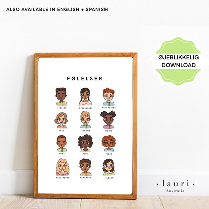 Danish Poster - Kopi af Feelings Plakat til Child's Calming Corner DIGITAL DOWNLOAD Udskriv