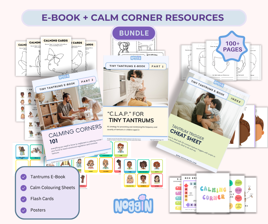 A promotional collage for a digital bundle titled 'E-BOOK + CALM CORNER RESOURCES' showing multiple pages, cards, and posters for 'Tiny Tantrums' calming activities. The layout includes the e-book cover, calm coloring sheets, flash cards, and posters, with badges reading 'BUNDLE', '100+ PAGES', and a checklist of included items.