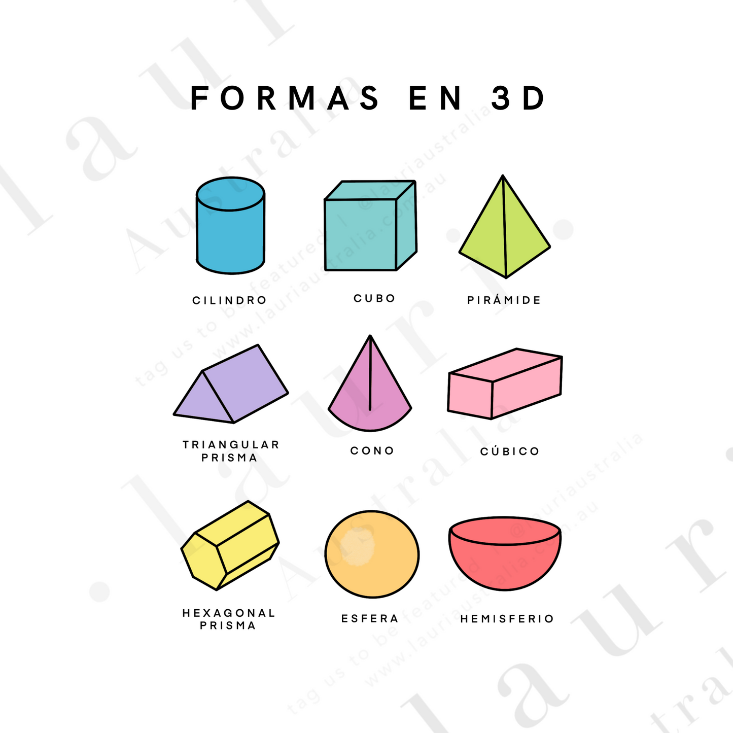 Spanish Bright 3D Shapes Poster - Póster Brillante de Figuras en 3D para Niños, Guardería y Aula DESCARGA DIGITAL