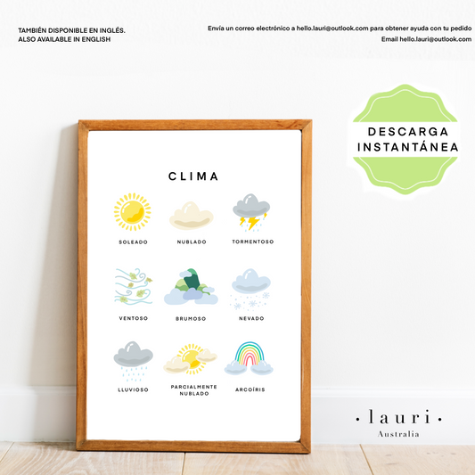 Spanish "The Weather" Poster -  Póster Educativo del Clima para la Esquina Tranquila de los Niños - DESCARGA DIGITAL