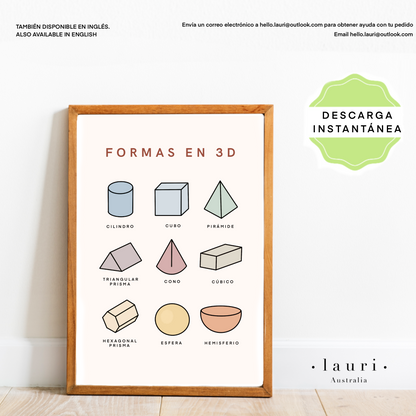 Spanish Boho 3D Shapes Poster - Póster de formas 3D Boho para guardería y aula infantil DESCARGA DIGITAL