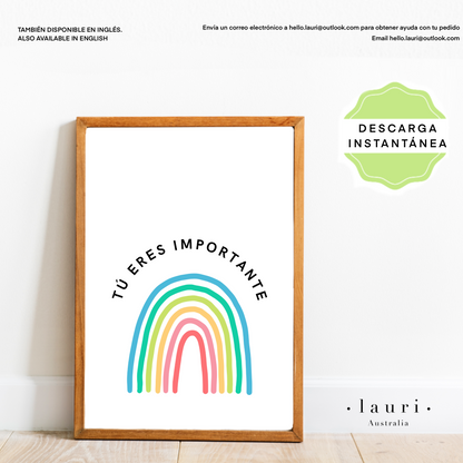 Spanish Rainbow "You are Important" Poster - Póster español "Arcoíris "Eres importante" para el Rincón de Calma de los Niños - Autorregulación DESCARGA DIGITAL - Brillante