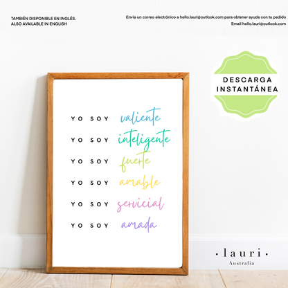 Spanish Positive Affirmations for Kids Poster - Póster de afirmaciones positivas para niños - Descarga digital imprimible - Brillante y colorido