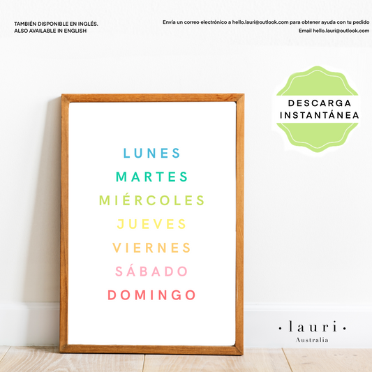 Spanish Bright Days of the Week Poster -- Póster Brillante de los Días de la Semana para Guardería y Aula DESCARGA DIGITAL