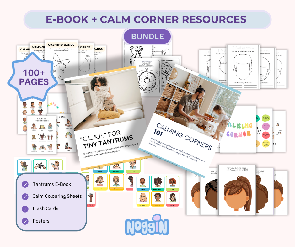 A promotional collage for a digital and physical calming resources bundle titled 'E-BOOK + CALM CORNER RESOURCES' by Nuggin. The layout shows multiple printable and physical components including a book cover, calming cards, face tracing templates, flash cards, posters, and a list of included items such as tantrums E-book, calming colouring sheets, and flash cards.