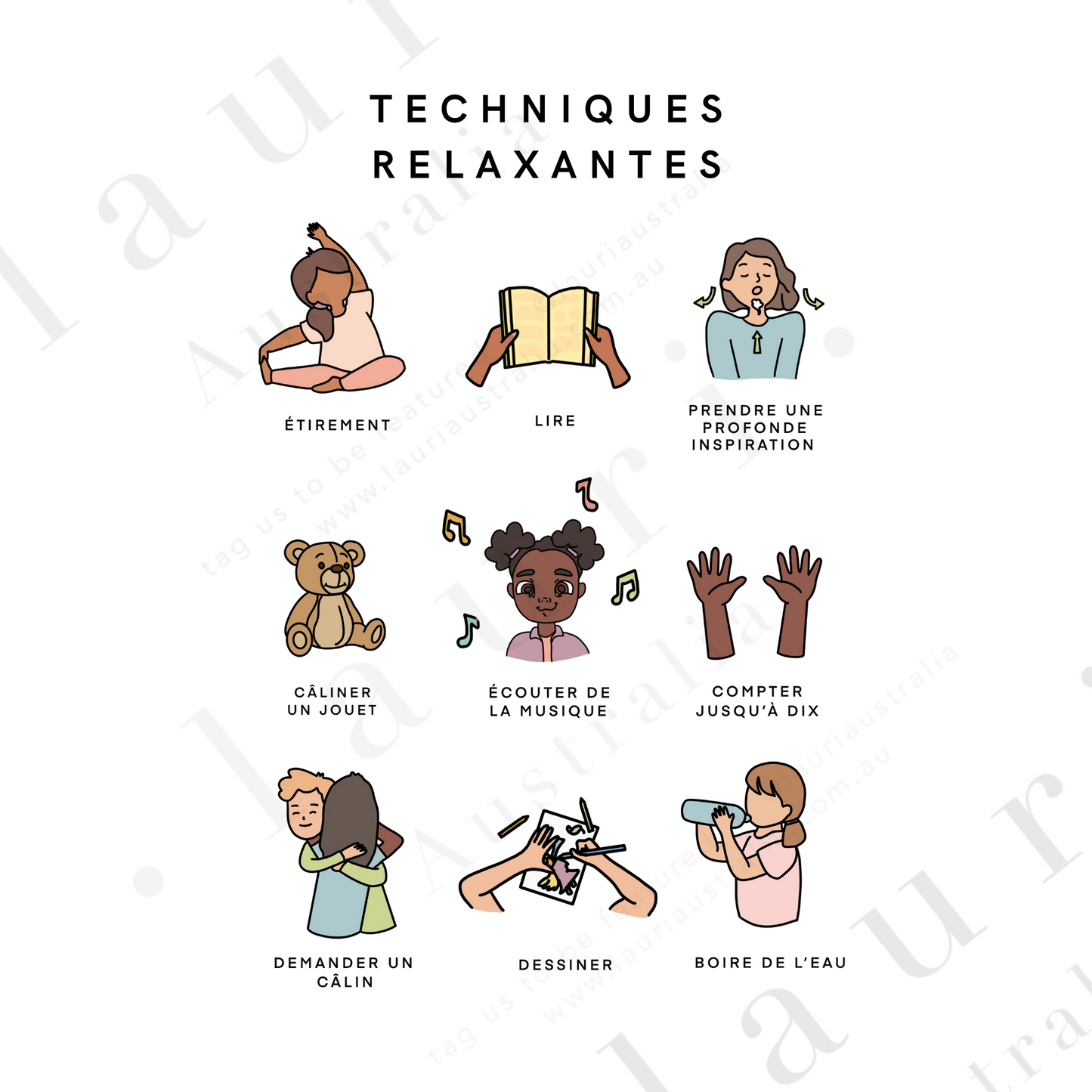 French Techniques relaxantes - French Calming Tenchninques Poster - Lauri Australia- DIGITAL DOWNLOAD Printable