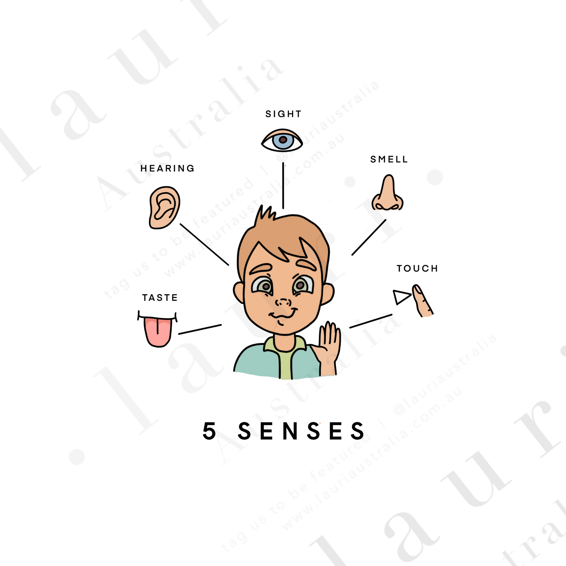 This is a digital download educational poster showing the 5 senses for children and toddlers to learn. This education print is perfect for Montessori inspired homeschool classrooms, playrooms and childrens toddler nurseries or bedrooms too. The 5 Senses Poster for Children, Educational Digital Download, Printable wall art, Montessori Homeschool Learning Materials, Boho Decor