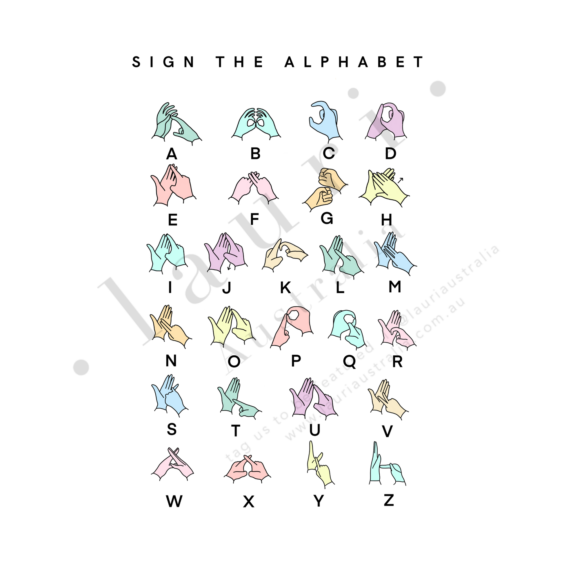 This is a digital download of a poster that displays Auslan sign language alphabet letters for deaf children to learn fingerspelling. Also suitable as british sign language poster. Our digital downloads posters and wall art are perfect for children's bedrooms, baby's nursery, playrooms and classrooms. At Lauri Australia we offer a huge range of poster and wall art designs, featuring both boho muted tones and bright colours. 