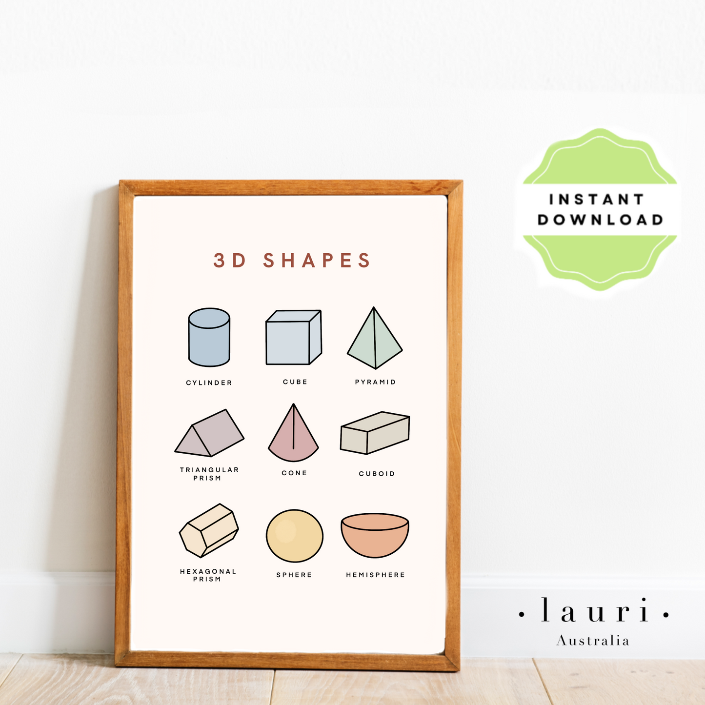 This is a digital download of a poster that displays the 3D Shapes  in lovely muted, boho, rainbow colour palette. This digital download print is Perfect for home education or as classroom décor. This print is the perfect wall art print to decorate your child's bedroom, nursery or homeschool classroom. 