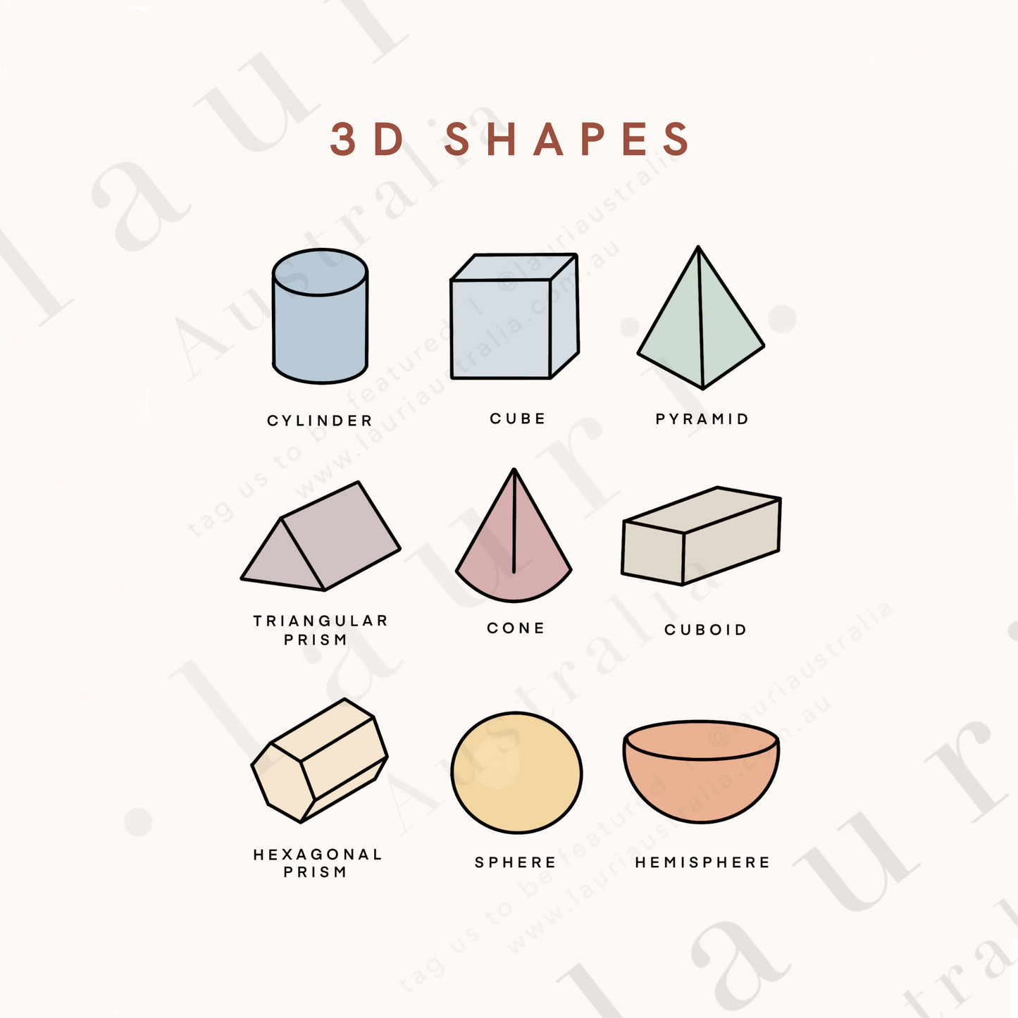 This is a digital download of a poster that displays the 3D Shapes  in lovely muted, boho, rainbow colour palette. This digital download print is Perfect for home education or as classroom décor. This print is the perfect wall art print to decorate your child's bedroom, nursery or homeschool classroom. 