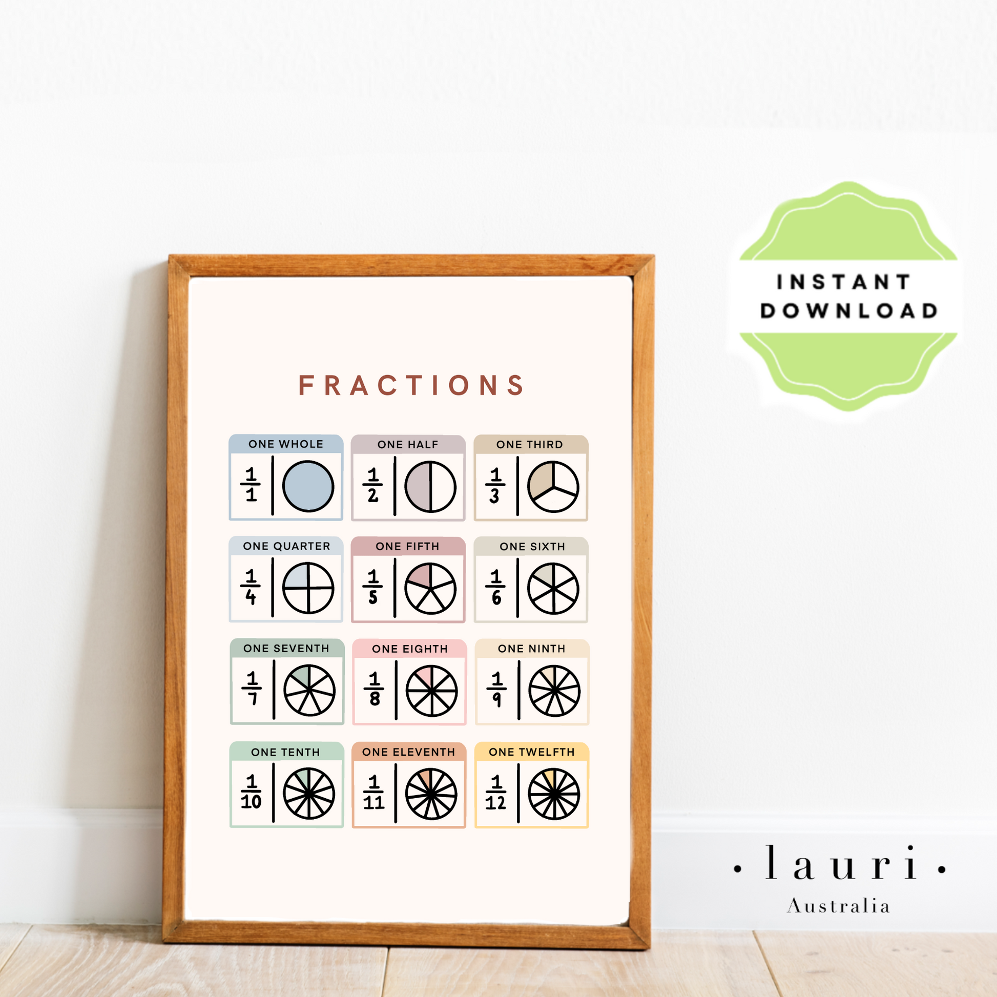 This is a digital download of a poster that displays the fractions  in lovely muted, boho, rainbow colour palette. This digital download print includes shapes of a triangle, circle and square and more! Perfect for home education or as classroom décor. This print is the perfect wall art print to decorate your child's bedroom, nursery or homeschool classroom. 