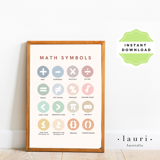 This is a digital download poster of a bright rainbow maths symbols chart which is perfect for Montessori inspired homeschool classrooms, playrooms and childrens toddler nurseries or bedrooms too. At Lauri Australia we offer a huge range of educational posters and wall art designs, featuring both boho muted tones and bright rainbow colours. We offer shapes posters, alphabet prints, animal alphabet vegan leather posters, positive affirmations for kids