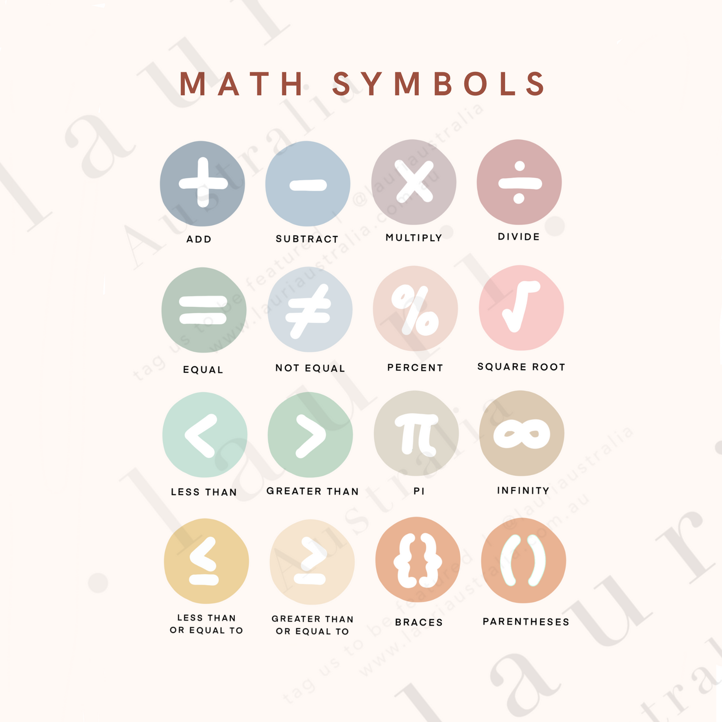 This is a digital download poster of a bright rainbow maths symbols chart which is perfect for Montessori inspired homeschool classrooms, playrooms and childrens toddler nurseries or bedrooms too. At Lauri Australia we offer a huge range of educational posters and wall art designs, featuring both boho muted tones and bright rainbow colours. We offer shapes posters, alphabet prints, animal alphabet vegan leather posters, positive affirmations for kids