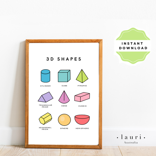 This is a digital download of a poster that displays the 3D Shapes  in lovely bright colourful rainbow colour palette. This digital download print is Perfect for home education or as classroom décor. This print is the perfect wall art print to decorate your child's bedroom, nursery or homeschool classroom. 